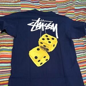 Stüssy fuzzy dice Navy T-Shirt with Yellow  Graphic size, New With Tags
